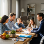 En familj, bestående av föräldrar och två barn, sitter vid ett bord och diskuterar försäkringsfrågor med en rådgivare