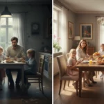En visuell jämförelse där ena halvan visar en familj som lever under ekonomisk press, ställd mot den andra halvan som visar en välbärgad familj i en trygg miljö.
